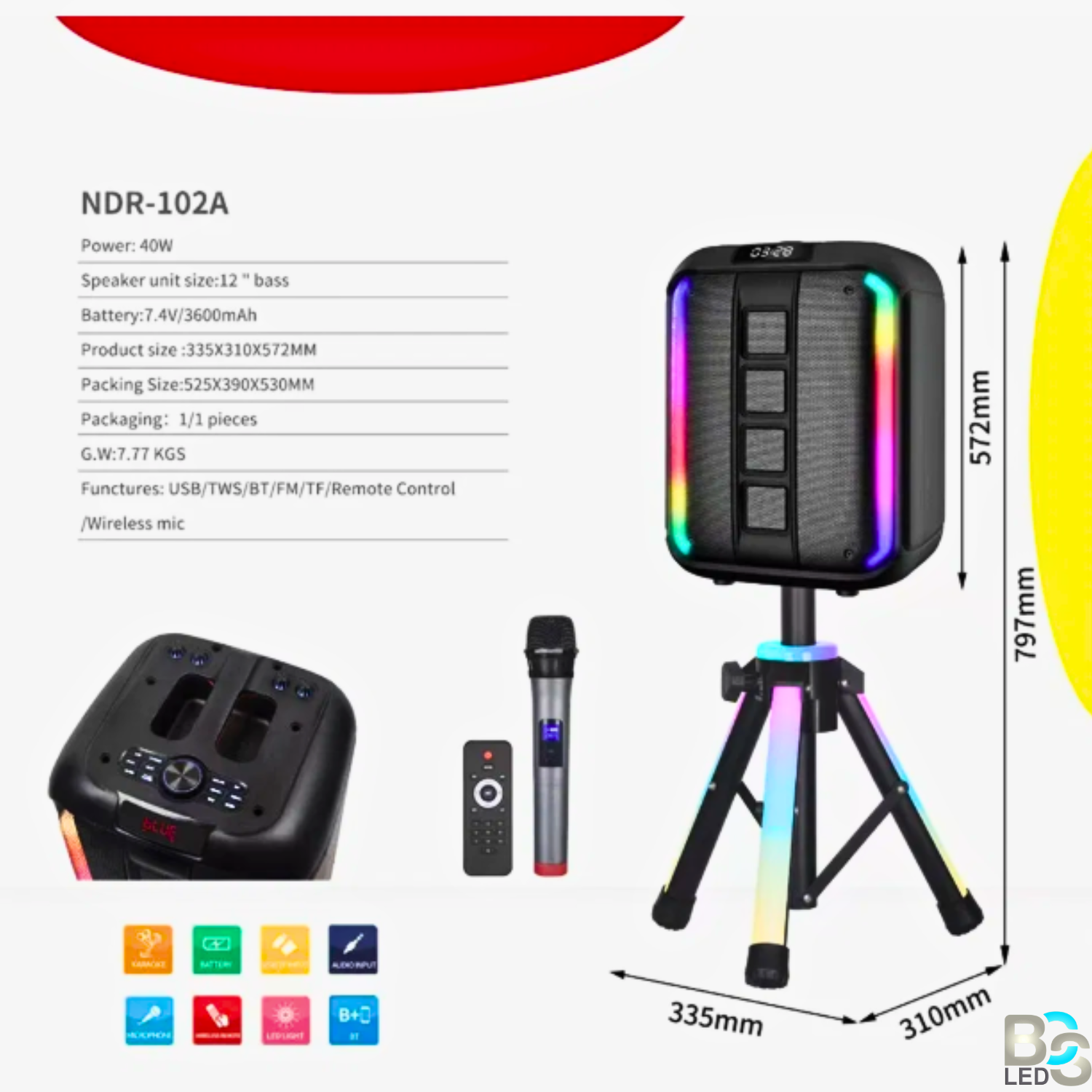 NDR-102A 12 Inch 40W LED Lights Party Speaker