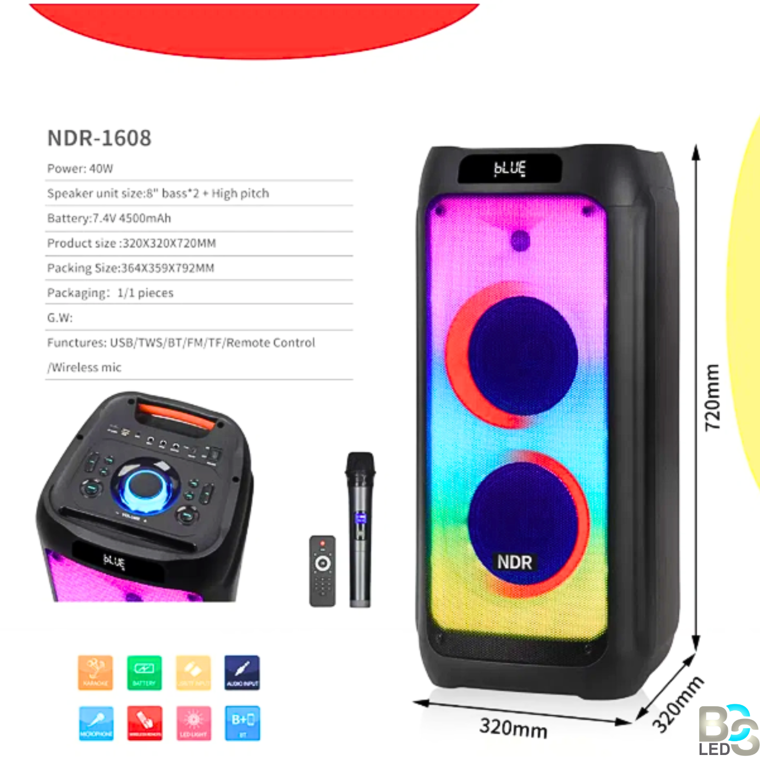 NDR - 1608 Portable Bluetooth Speaker with Wireless Microphone